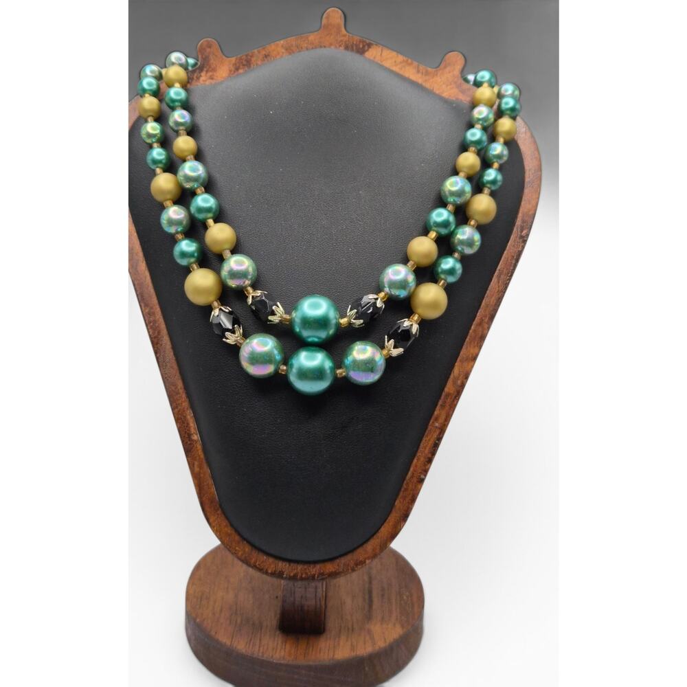 Vintage Double Strand Faux Pearl Necklace Green Gold Iridescent Beads
